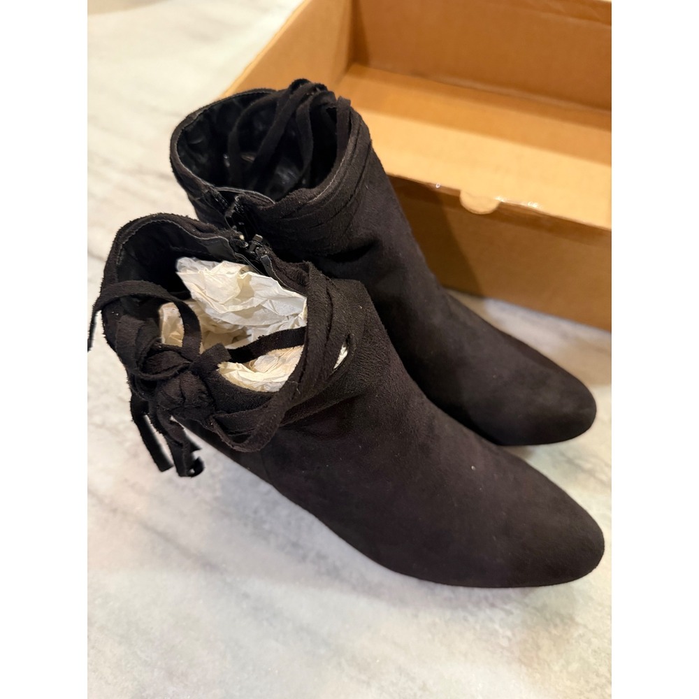 Angel Steps Black Suede Ankle Boots Women's‎ Size 9 Side Zip Fringe Heel